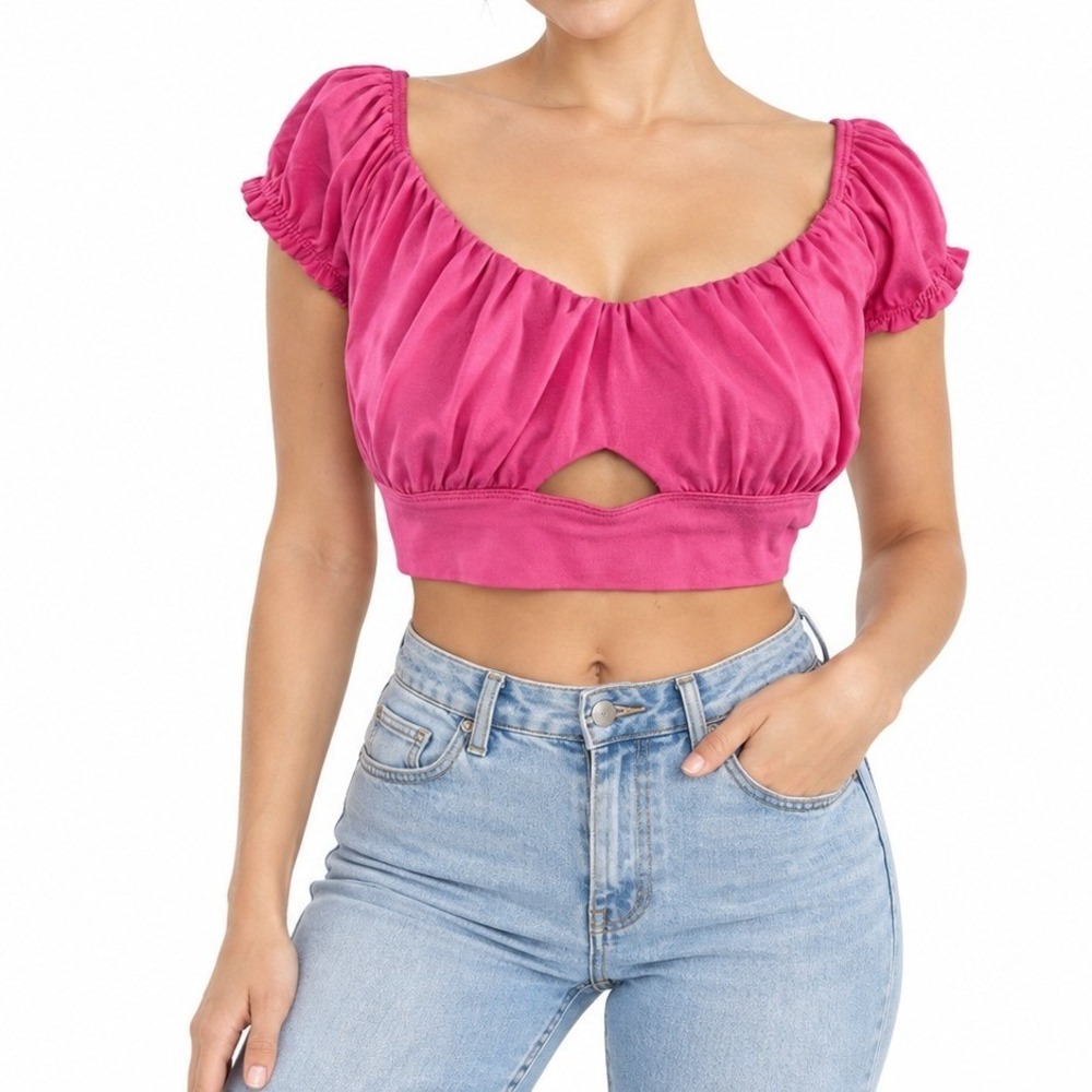 Almost Famous Crop Top Women XL Pink Cutout Ruched Summer Coquette Y2K McBling